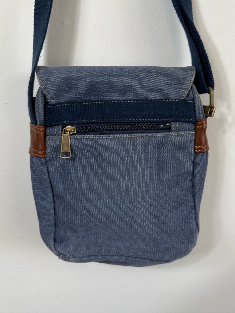 Prairie Schooner Triple Tree Blue Canvas Crossbody Messenger Bag Leather Trim - Picture 7 of 9